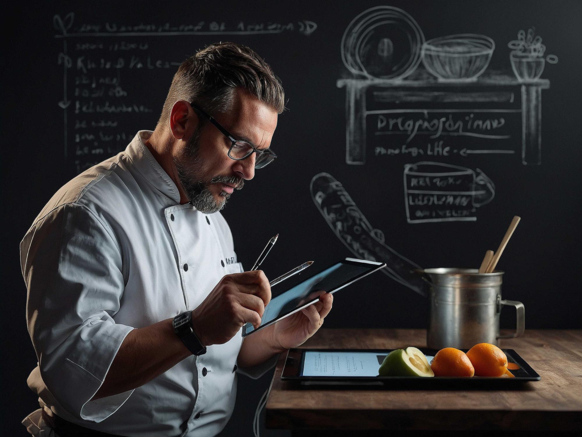 Founding chef writing recipe notes in modern kitchen